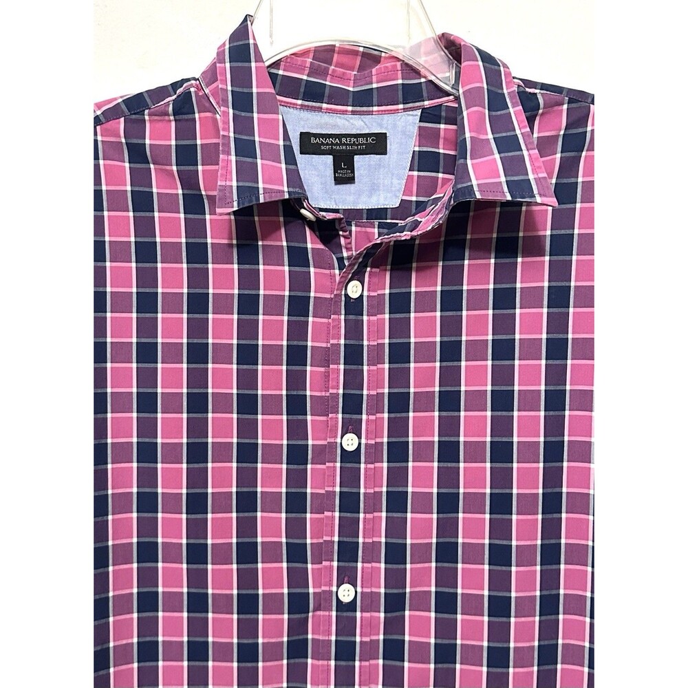 Banana Republic Men’s Dress Shirt Windowpane Paid Grid Pink Navy Blue White L